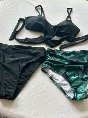 Black Bikini Top with Black Brief and Green Palm-Print High-Waist Bottom